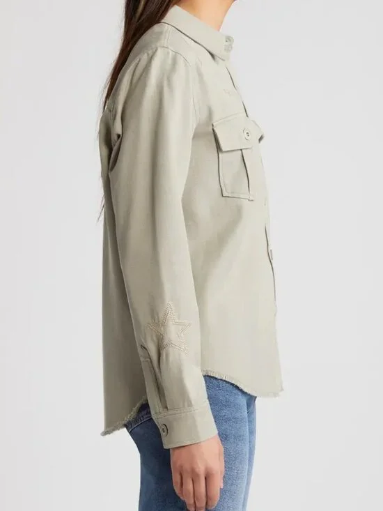 RAILS Loren Star Embroidered Raw Hem Twill Shirt Jacket in Sage - Picture 2 of 5